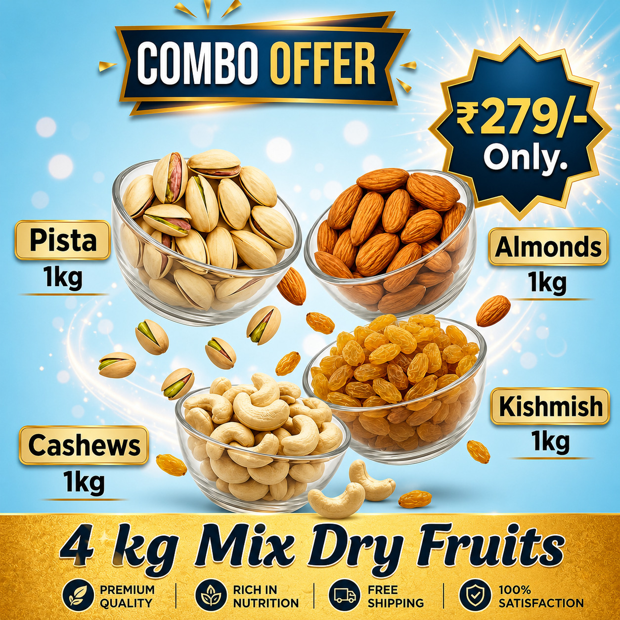 Premium 4KG Mix Dry Fruits Combo – Almonds, Cashews, Pistachios & Kishmish (1KG Each)