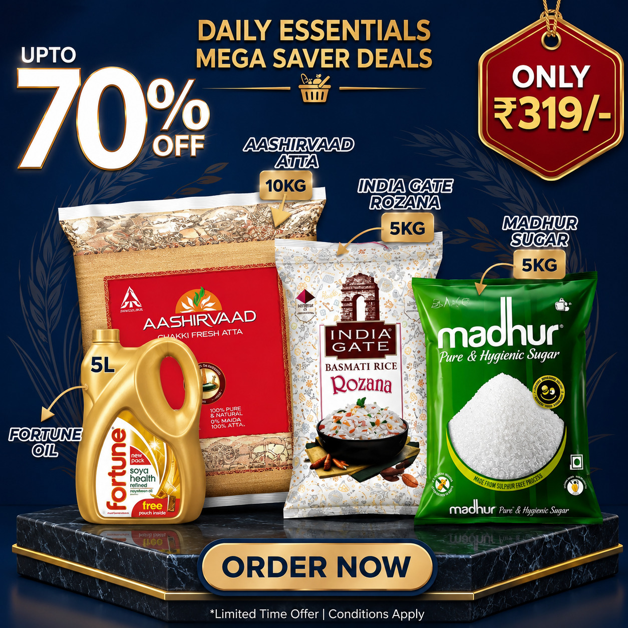Daily Essentials Mega Saver Combo – Atta 10KG, Basmati Rice 5KG, Sugar 5KG & Soya Oil 5L