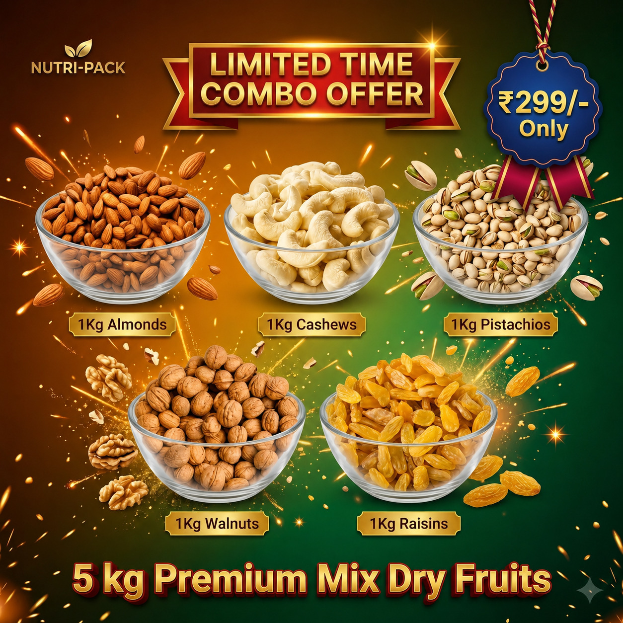 5KG Premium Mix Dry Fruits Combo – Almonds, Cashews, Pistachios, Walnuts & Raisins