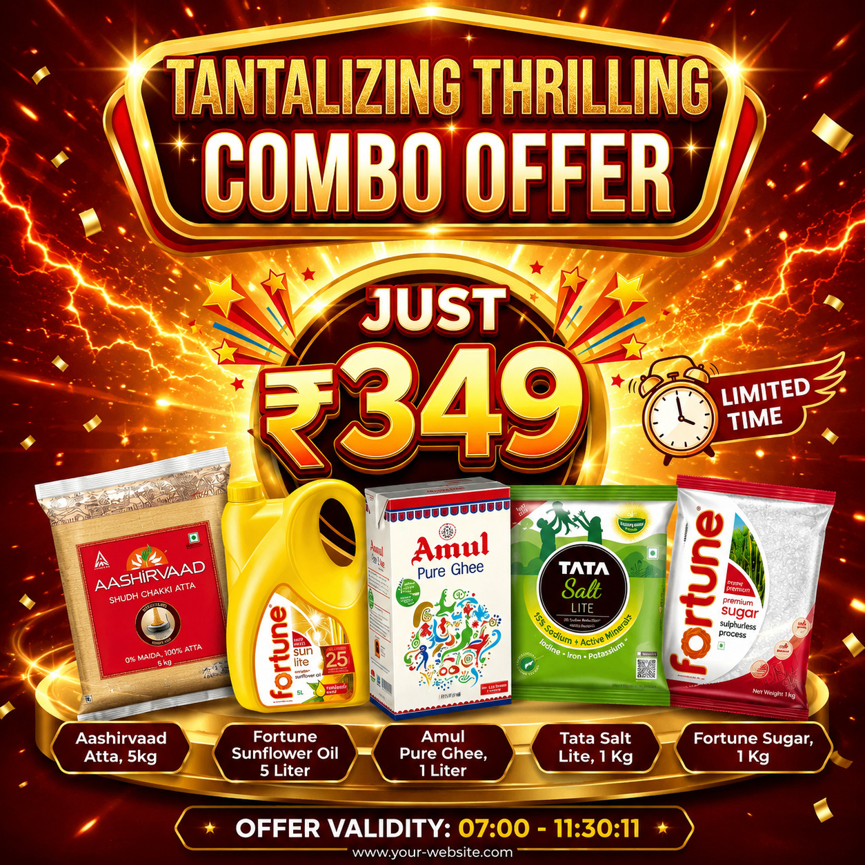 Mega Kitchen Combo – Atta 5KG, Sunflower Oil 5L, Ghee 1L, Salt 1KG & Sugar 1KG
