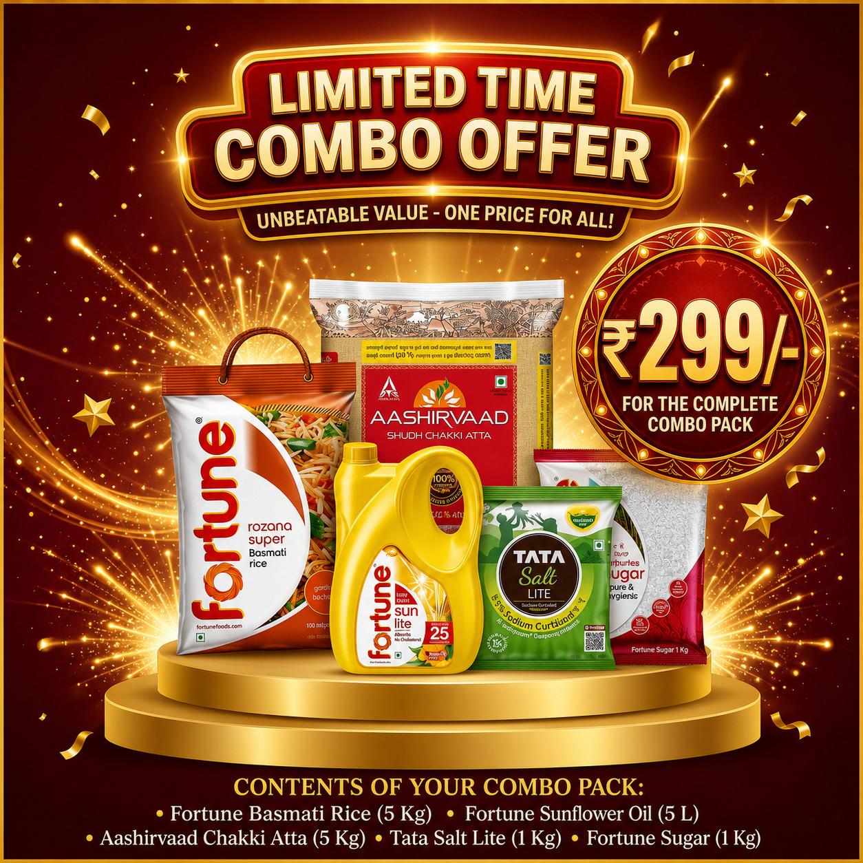 Limited Time Grocery Combo – Rice 5KG, Atta 5KG, Oil 5L, Salt 1KG & Sugar 1KG