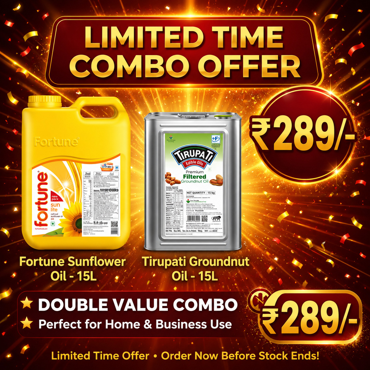 Double Value Oil Combo – 15L Sunflower Oil + 15L Groundnut Oil (Total 30 Litres)
