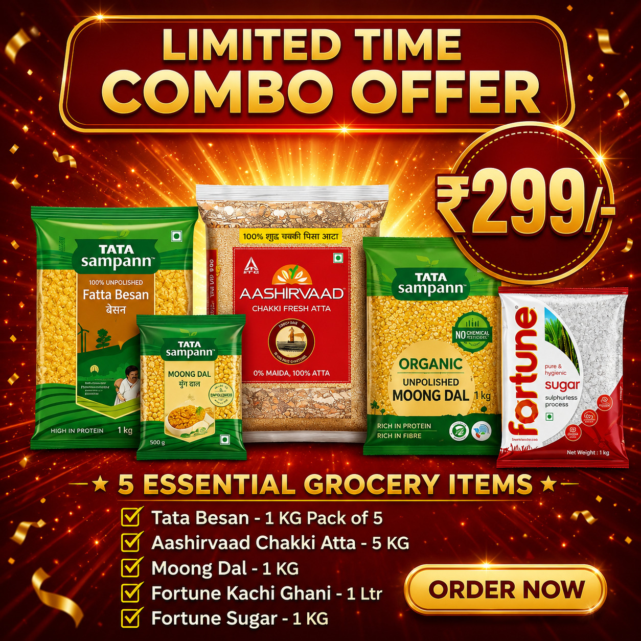 Essential Grocery Combo – Besan (5KG), Atta 5KG, Moong Dal 1KG, Oil 1L & Sugar 1KG