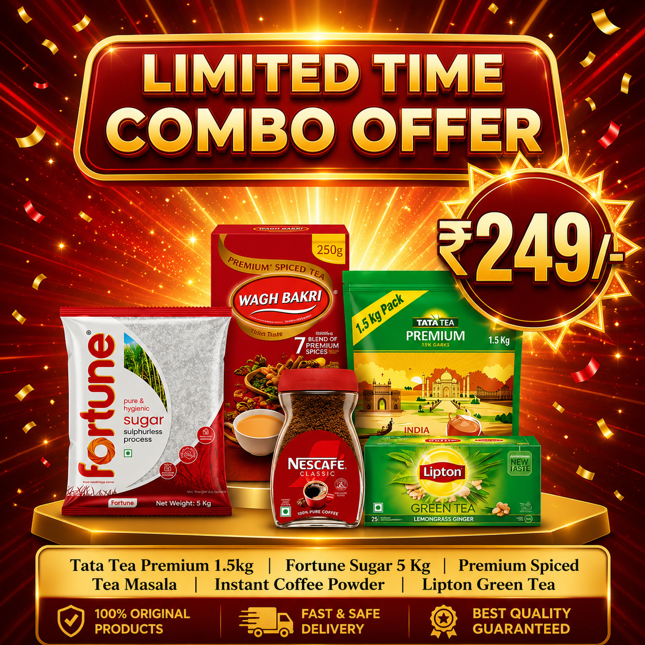 Beverage & Grocery Combo – Tata Tea 1.5KG, Sugar 5KG, Coffee, Green Tea & Masala Tea