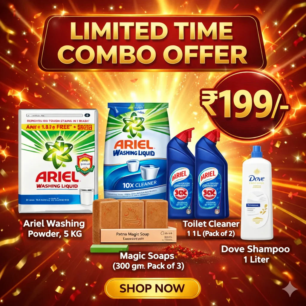 Mega Home Care Combo – Ariel 5KG, Washing Liquid, Toilet Cleaner (2x), Soaps & Dove Shampoo 1L