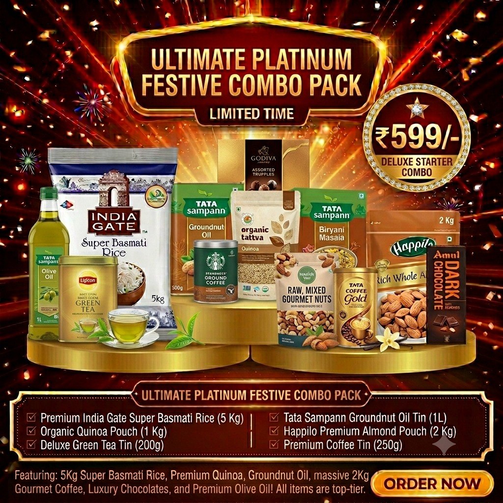 Ultimate Platinum Festive Combo Pack – 5KG Premium India Gate Super Basmati Rice, 1KG Organic Quinoa, 200G Deluxe Green Tea, 1L Tata Sampann Groundnut Oil, 2KG Happilo Premium Almonds & 250G