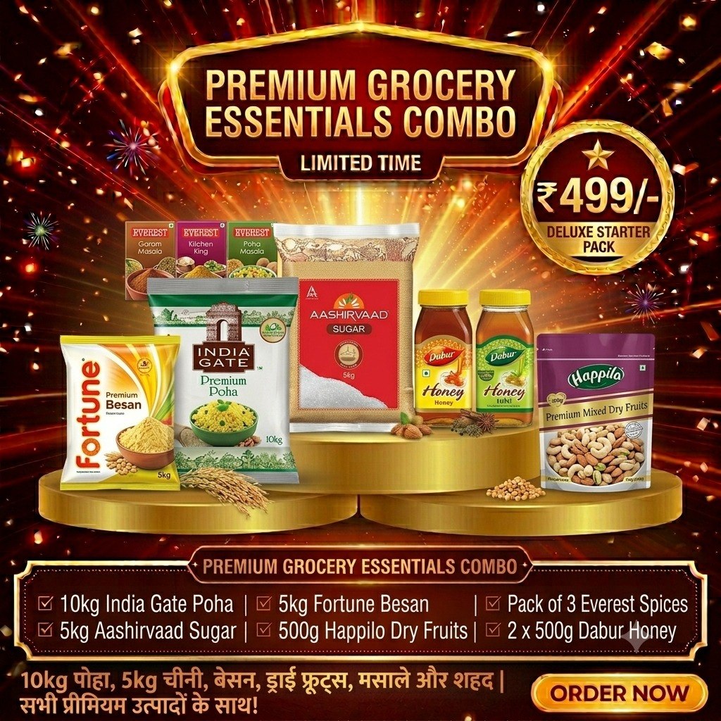 Premium Grocery Essentials Combo – 10KG India Gate Poha, 5KG Fortune Besan, 5KG Aashirvaad Sugar, 500G Happilo Dry Fruits, Pack of 3 Everest Spices & 2 x 500G Dabur Honey