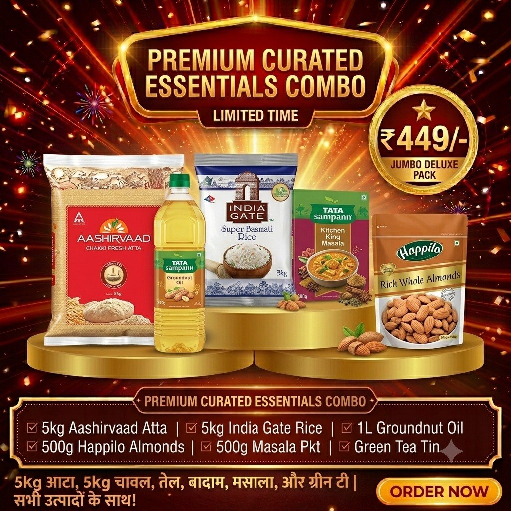 Premium Curated Essentials Combo – 5KG Aashirvaad Atta, 5KG India Gate Rice, 1L Tata Sampann Groundnut Oil, 500G Happilo Almonds, 500G Tata Sampann Kitchen King Masala & Premium Green Tea