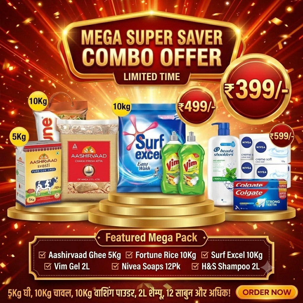 Mega Super Saver Family Essentials Kit – 5KG Aashirvaad Ghee, 10KG Fortune Rice, 10KG Surf Excel, 2L Vim Gel, 2L Head & Shoulders Shampoo & 12-Pack Nivea Soaps
