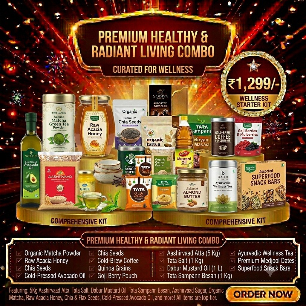 Premium Healthy & Radiant Living Combo – 5KG Aashirvaad Atta, 1KG Tata Salt, 1L Dabur Mustard Oil, 1KG Tata Sampann Besan, Organic Matcha Powder, Raw Acacia Honey, Chia Seeds, Cold-Pressed A
